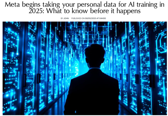 A silhouette of a person in business attire stands facing a futuristic digital environment with flowing streams of bright blue data and light patterns. The scene depicts a Matrix-like visualization of data flow with vertical columns of glowing blue light and digital particles surrounding the figure. This image accompanies an article titled "Meta begins taking your personal data for AI training in 2025: What to know before it happens" by John, published on 08/05/2025 at 04H00.