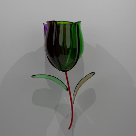 Un tulipán de cristal con diversos colores en un fondo blanco e iluminado no tan claro