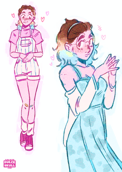 Sketches of Freya/Holly; one in overall shorts on the left and pigtails, the other in a flowy sundress and cardigan with a hairband on the right.