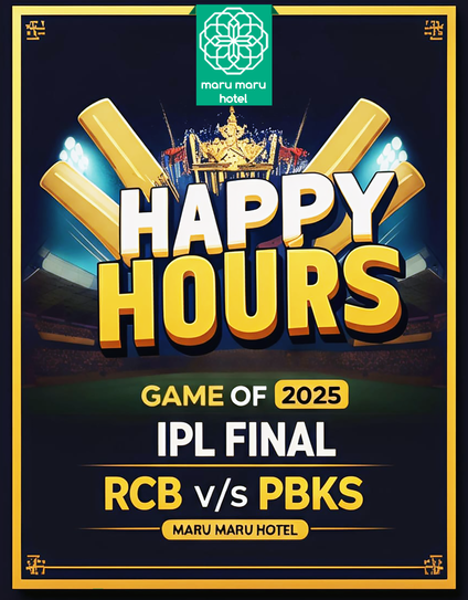 Get ready for an unforgettable IPL final experience! Join us at Maru Maru Hotel as we cheer for Royal Challengers Bengaluru and Punjab Kings on the big screen! Enjoy happy hour prices throughout the game. Grab your friends, indulge in delicious bites, and let's make some amazing memories together! Don’t miss out on this epic showdown – we’ll be waiting for you! 🍻🏏 #IPL2025 #RCBvsPBKS #HappyHours #CricketFever #MaruMaruHotel
