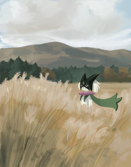 Meowscarada stands in a field, behind are mountains and the sky in clouds