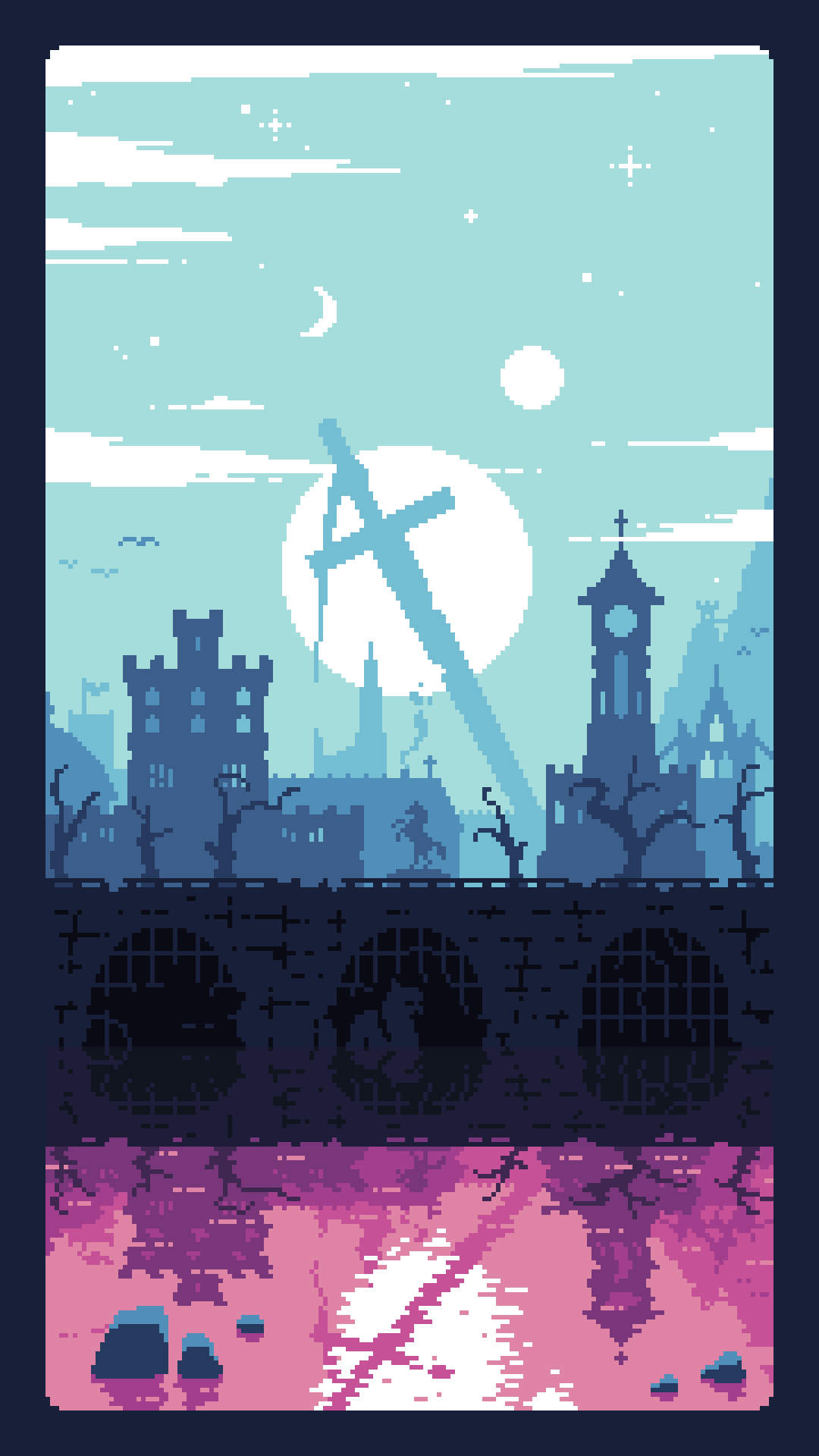 medieval landscape pixel art, town in front, huge sword in the background, 2 suns and a crescent moon in the sky. the whole scene is reflected in the water. a few monsters lurking in the water