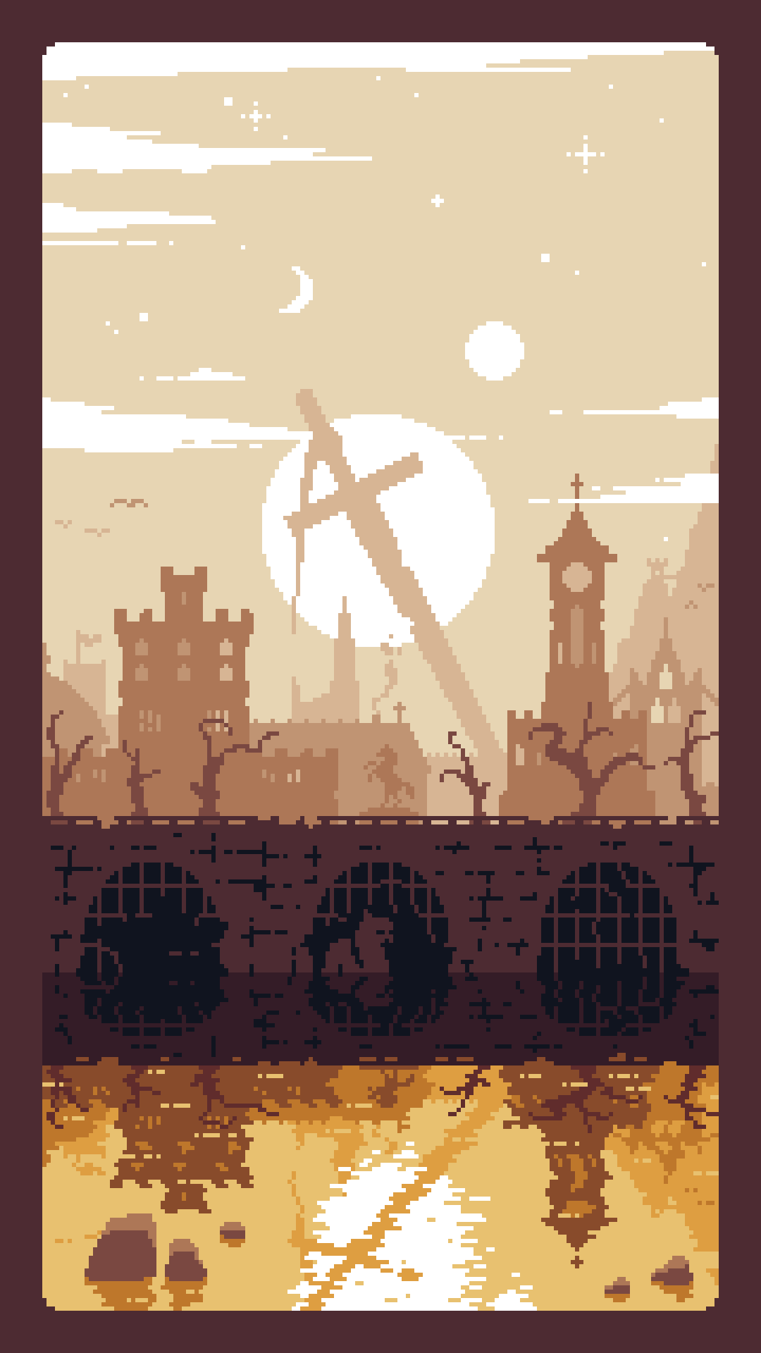 medieval landscape pixel art, town in front, huge sword in the background, 2 suns and a crescent moon in the sky. the whole scene is reflected in the water. a few monsters lurking in the water