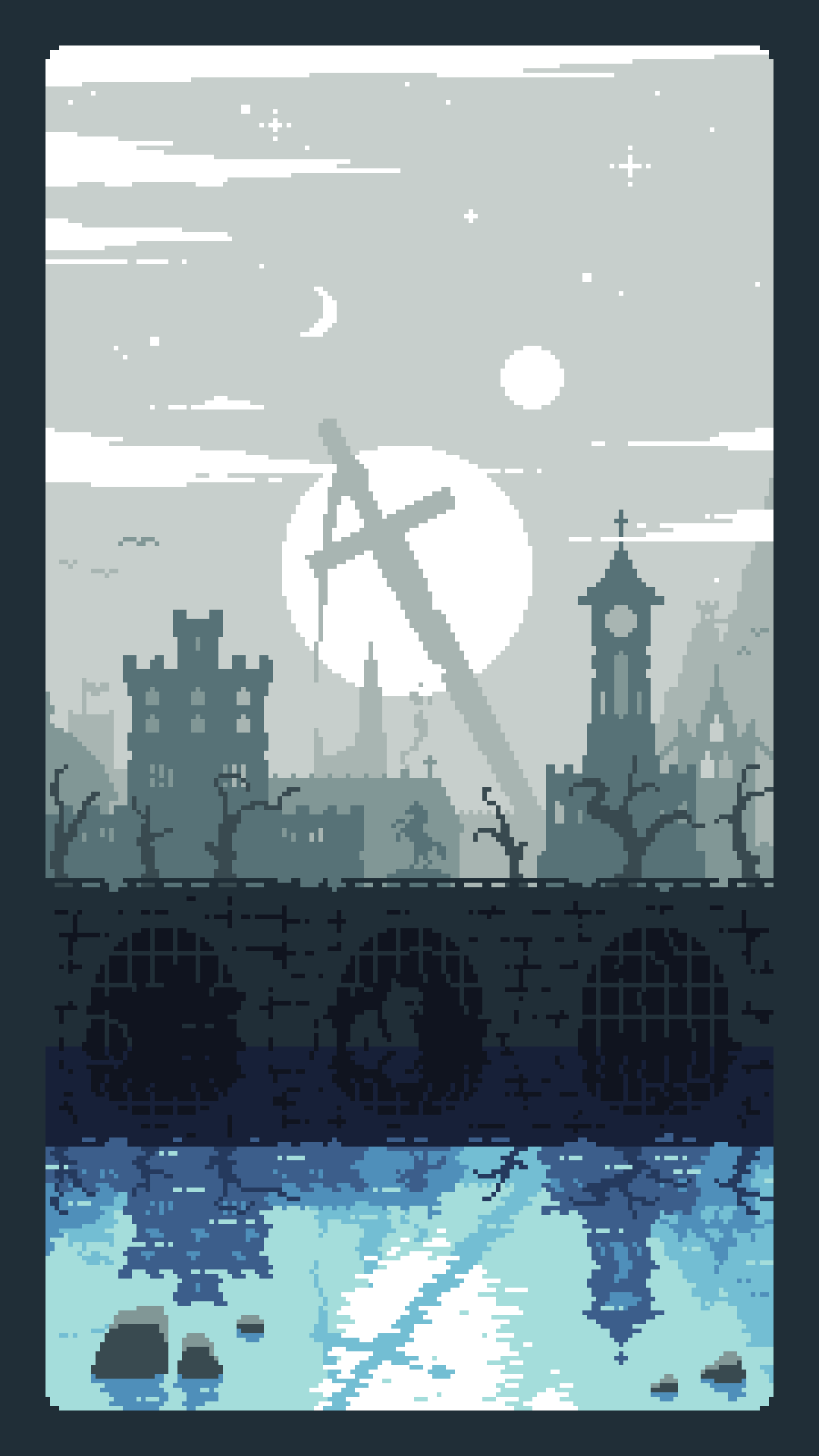 medieval landscape pixel art, town in front, huge sword in the background, 2 suns and a crescent moon in the sky. the whole scene is reflected in the water. a few monsters lurking in the water