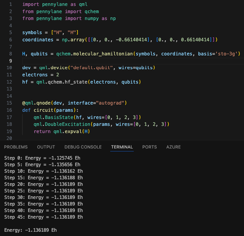 Snippet of python code for quantum chemistry