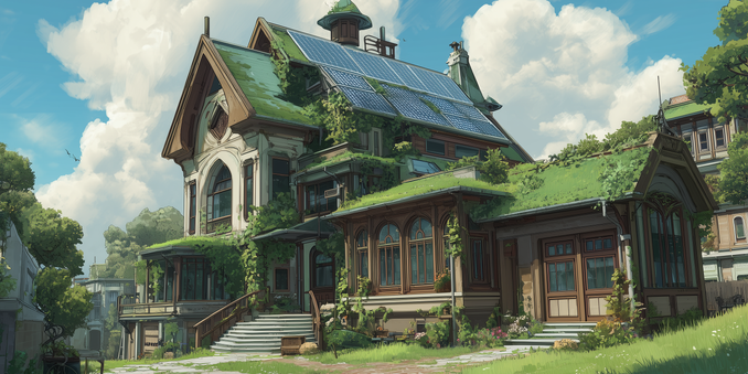 Solarpunk house with Victorian and Craftsman features under a cloudy blue sky.