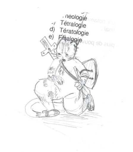 A rough pencil sketch on a torn piece of paper. It is an anthropomorphic cat kneeling, carrying a sword on his back and a shield with his left arm
