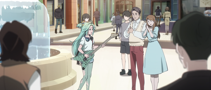 A imagem apresenta Ciano, personagem do donghua To Be Hero X, em uma cena urbana vibrante. Ciano tem cabelo da cor ciano e usa fones de ouvido ao redor do pescoço. Ela segura uma guitarra elétrica triangular, e parece estar tocando música. Seu visual inclui uma camiseta branca, shorts jeans e meias verdes rasgadas, trazendo um estilo despojado.

Ao fundo, há uma fonte de água, e diversas pessoas caminham, conversam ou observam Ciano tocar. À direita, um casal parece apreciar a música, enquanto outras pessoas no cenário adicionam dinamismo à cena. A iluminação e os tons da imagem ajudam a criar uma atmosfera animada e envolvente.