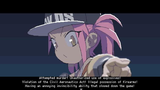 several pixel art screen shots of Nitro Express, showing brightly colored characters, amusing dialog, and mouse-aim driven shooting