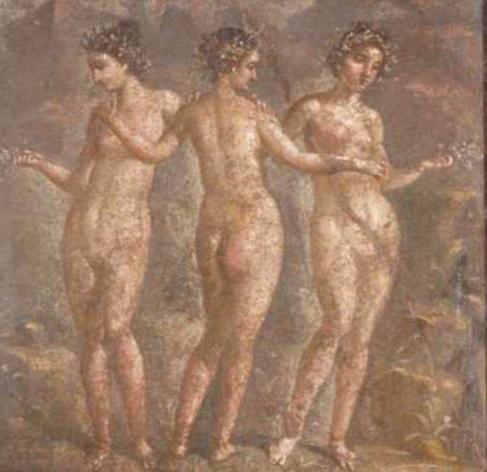 Fresco of the three Graces or Kharites. They are standing side by side, all nude. The two on the sides show full frontal nudity, the one in the middle shows us her beautiful backside.
