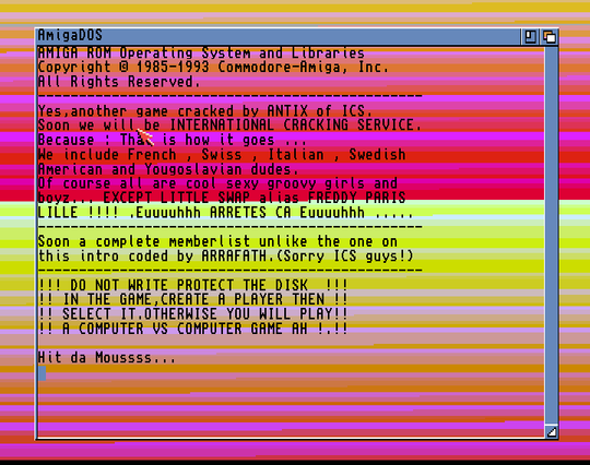 Screenshot of "7 Colors" - Crack: International Cracking Service (ICS) - Published by Infogrames on Commodore Amiga (1991)