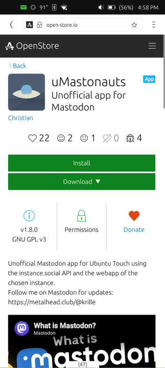 screen shot of phone running Ubuntu Touch, showing Open Store website page to install uMastonauts webapp (mobile Mastodon client)