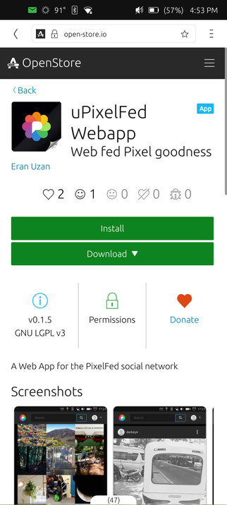 screen shot of phone running Ubuntu Touch, showing Open Store website page to install uPixelfed webapp (mobile Pixelfed client)
