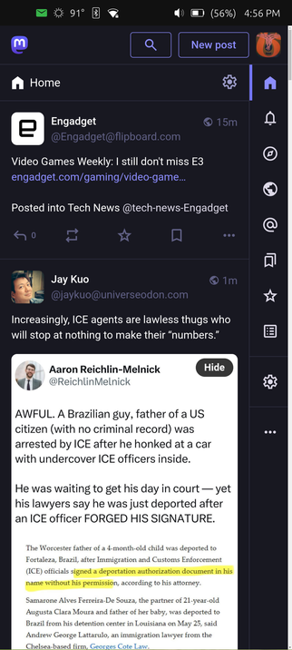 screen shot of phone running Ubuntu Touch, showing uMastonauts webapp (mobile Mastodon client)