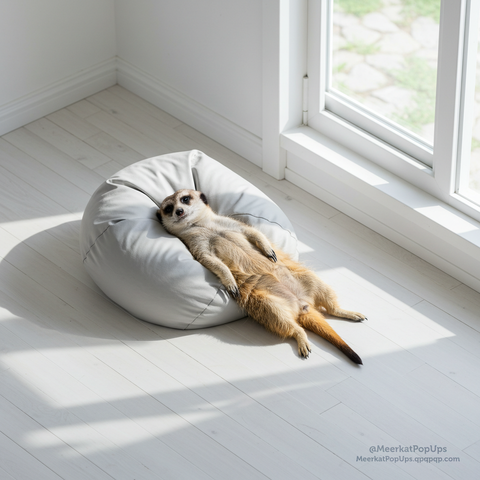 これはAI生成画像です。画像には、明るい部屋の白いビーズクッションの上で、ミーアキャットが仰向けに横たわり、手足を広げてだらけている様子が写っています。ミーアキャットの顔はリラックスしており、窓から差し込む自然光がミーアキャットとクッションを照らしています。部屋は白いフローリングで、シンプルでモダンな空間です。

This is an AI-generated image. The image shows a meerkat lying on its back on a white bean bag in a bright room, with its limbs spread out, appearing to be relaxing and doing nothing. The meerkat's face looks relaxed, and natural light coming through the window illuminates both the meerkat and the cushion. The room has white wooden flooring, creating a simple and modern space.