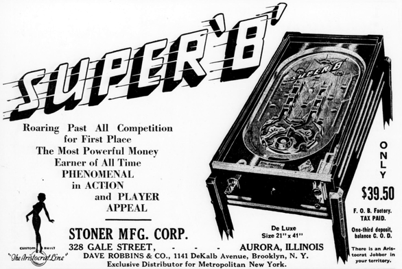1934-08-25 Billboard pg 110. Advertisement for Stoner Mfg's Super 8 pinball table.