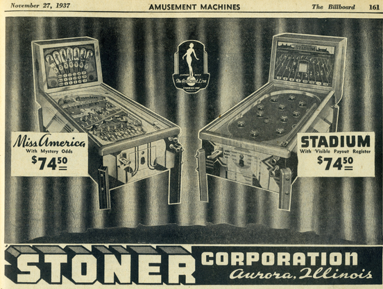 1937-11-27 Billboard pg 161. Double advertisement for Stoner Mfg tables Miss America and Stadium.
