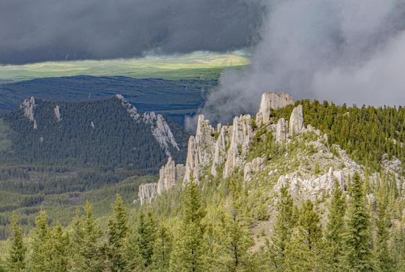 nice view spot at 2450m looking NW down to Palisades Rocks. Ominous looking sky, but weak showers. upper trough moved thru earlier. 