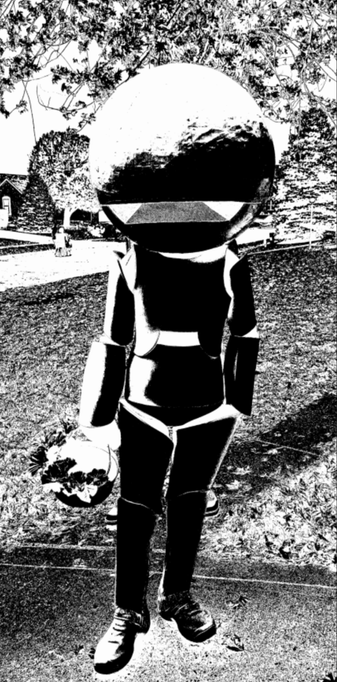 A black and white photo of Marvin the paranoid android carrying a basket of petunias