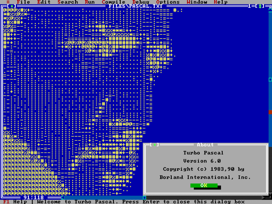a close-up ascii art of pedro pascal looking over his shoulder in a turbo pascal window