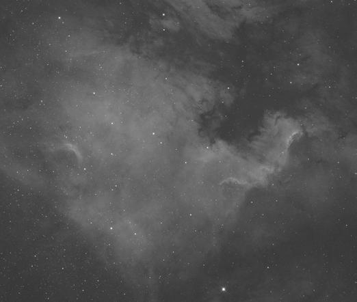 A black and white image of the North America Nebula, NGC 7000, in H-alpha narrowband. The nebula isn't presented in the conventional orientation that would make it's resemblance to North America more apparent. On the right side, some clouds of space dust appear more solid that the others that form the bulk of the nebula. In the top right, there is a dark region that seems to eat at the main nebula region. A bright star is in the bottom middle area of the image.