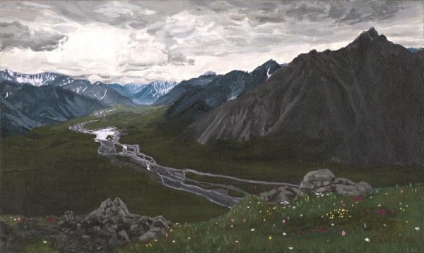 Painting on canvas of dark mountains on an overcast day. Distant mountains are bluer, with gray sky above. A valley below has a narrow icy river running through it. The foreground is grassy with some wildflowers and rocks.