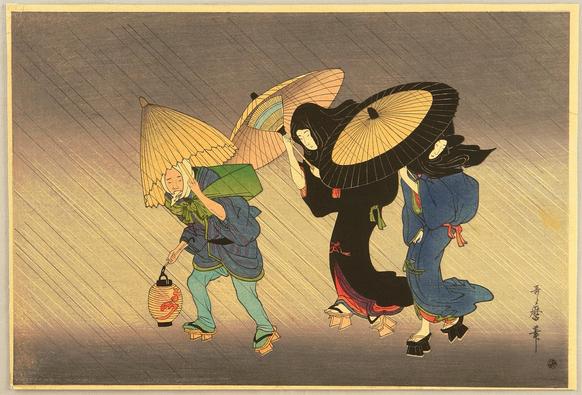 Woodblock print of travelers struggling with umbrellas in the rain.

Image thanks - https://ukiyo-e.org/