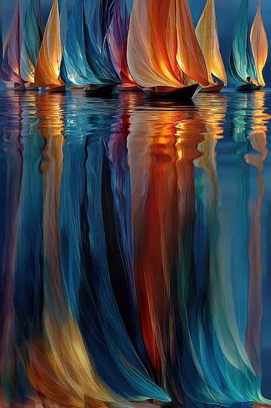 
A vibrant digital artwork of sailboats with luminous orange, blue, and purple sails reflecting on calm waters at dusk, creating a serene and dreamy coastal scene.