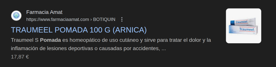 Captura resultados de Google de producto en una farmacia anunciado como homeopático que contiene arnica.