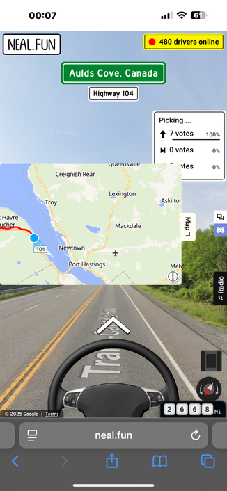 Screenshot from the “Drive & Listen” game on neal.fun. The location is Aulds Cove, Canada on Highway 104. A map overlay shows nearby areas like Port Hastings, Newtown, and Creignish Rear. The in-game interface shows a steering wheel, 2,668 miles driven, and 480 drivers online. Voting results show 7 votes (100%) to continue straight. The time at the top reads 00:07