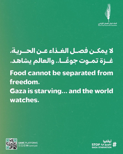Text: 
Food cannot be separated from
freedom.
Gaza is starving... and the world
watches.

UAWC PLATFORMS 
https://uawc-pal.org/uawc-statement-on-the-ongoing-famine-and-genocide-in-gaza-after-more-than-600-days-of-aggression-2/
