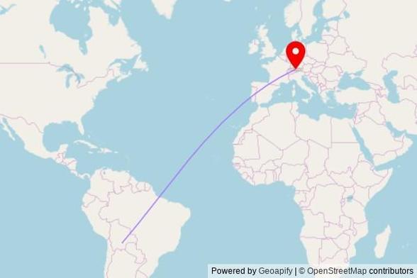 A map showing the great circle route from Municipio Monteagudo in Bolivia to a map pin at Kath. Pfarrkirche Unsere Liebe Frau Unbefleckte Empfängnis, Kirchstraße, 6824 Schlins, Austria