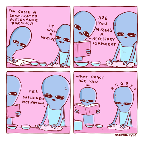 Cartoon of aliens cooking: 
You chose a complicated sustenance formula.
It was a mistake.
Are you missing a necessary component?
Yes, sustained motivation.
What phase are you in?
Regret.