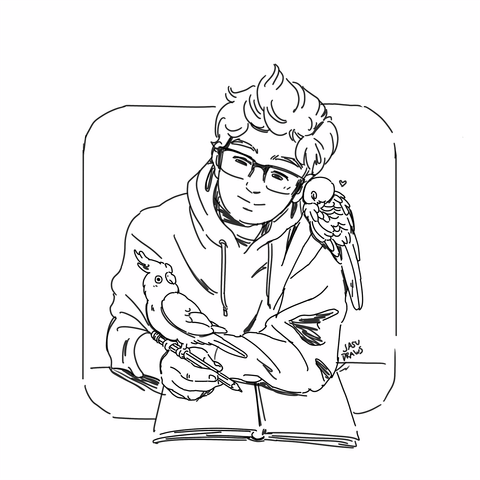 A young man struggles to sketch in his notebook as two birds perch—one on his shoulder, the other on his drawing hand.