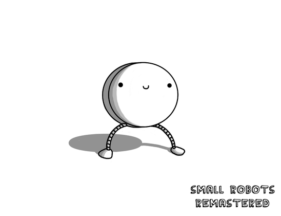 A robot shaped like a disc balanced on its edge, with little banded legs and a small, happy face on the front.