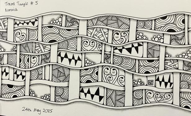 Finished drawing with black ink patterns and graphite shading 