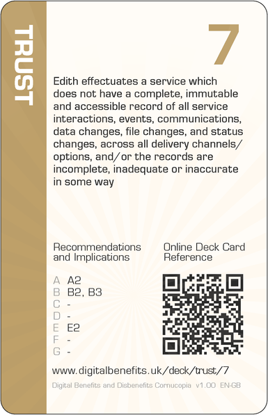 Image of the DBD Cornucopia Seven of Trust card with text 'Edith effectuates a service which does not have a complete, immutable and accessible record of all service interactions, events, communications, data changes, file changes, and status changes, across all delivery channels/options, and/or the records are incomplete, inadequate or inaccurate in some way'