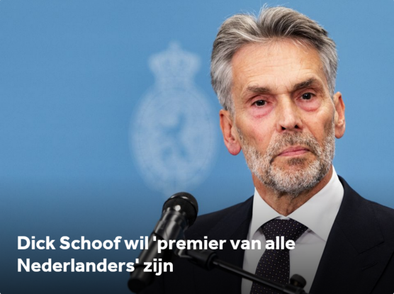 foto van Dick Schoof bij zijn aantreden.
Koptekst: Dick Schoof wil 'premier van alle Nederlanders' zijn.