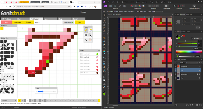 split screen view on windows: on the left, a browser window with fontstruct open, showing a recreated colour version (shadow and 6 gradient colours) of katakana letter "A"; on the right, affinity photo, with a zoomed-in view of the complete katakana set of characters