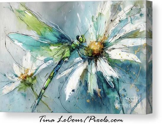 This is a mixed media canvas of a watercolor green darner dragonfly perched on a big white daisy flower. 