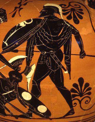 Black-figure vase painting of Ares in full armour, striding forward to defend his fallen son Cycnus as Heracles slits his throat.