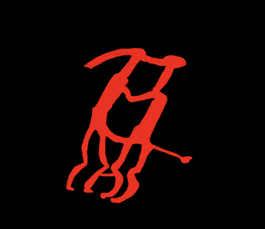 Prehistoric drawing digitally remastered in red on black background of the Vitlycke bridal couple. The couple is facing one another and joined.