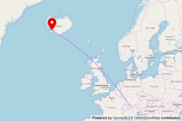 A map showing the great circle route from Schlins in Austria to a map pin at Hjallakirkja, Álfaheiði 17, 200 Kopavogur, Iceland
