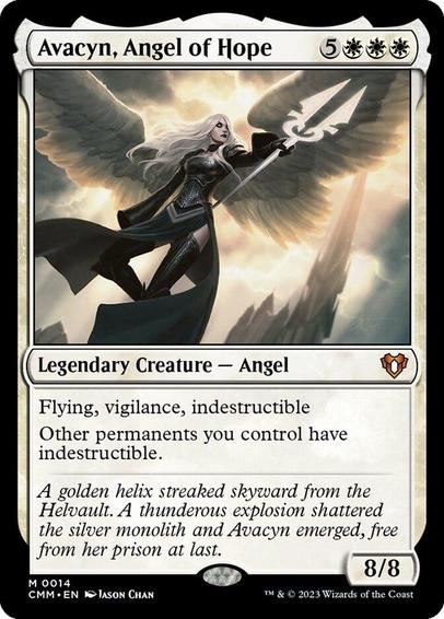 Card Name: Avacyn, Angel of Hope
Set: Commander Masters
Description: Flying, vigilance, indestructible
Other permanents you control have indestructible.
Artist: Jason Chan