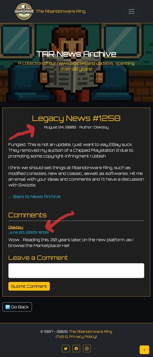 Historical News Post from The Abandonware Ring, 2005, with Diskboy venting frustration at eBay and suggesting a MarketPlace at tAR.