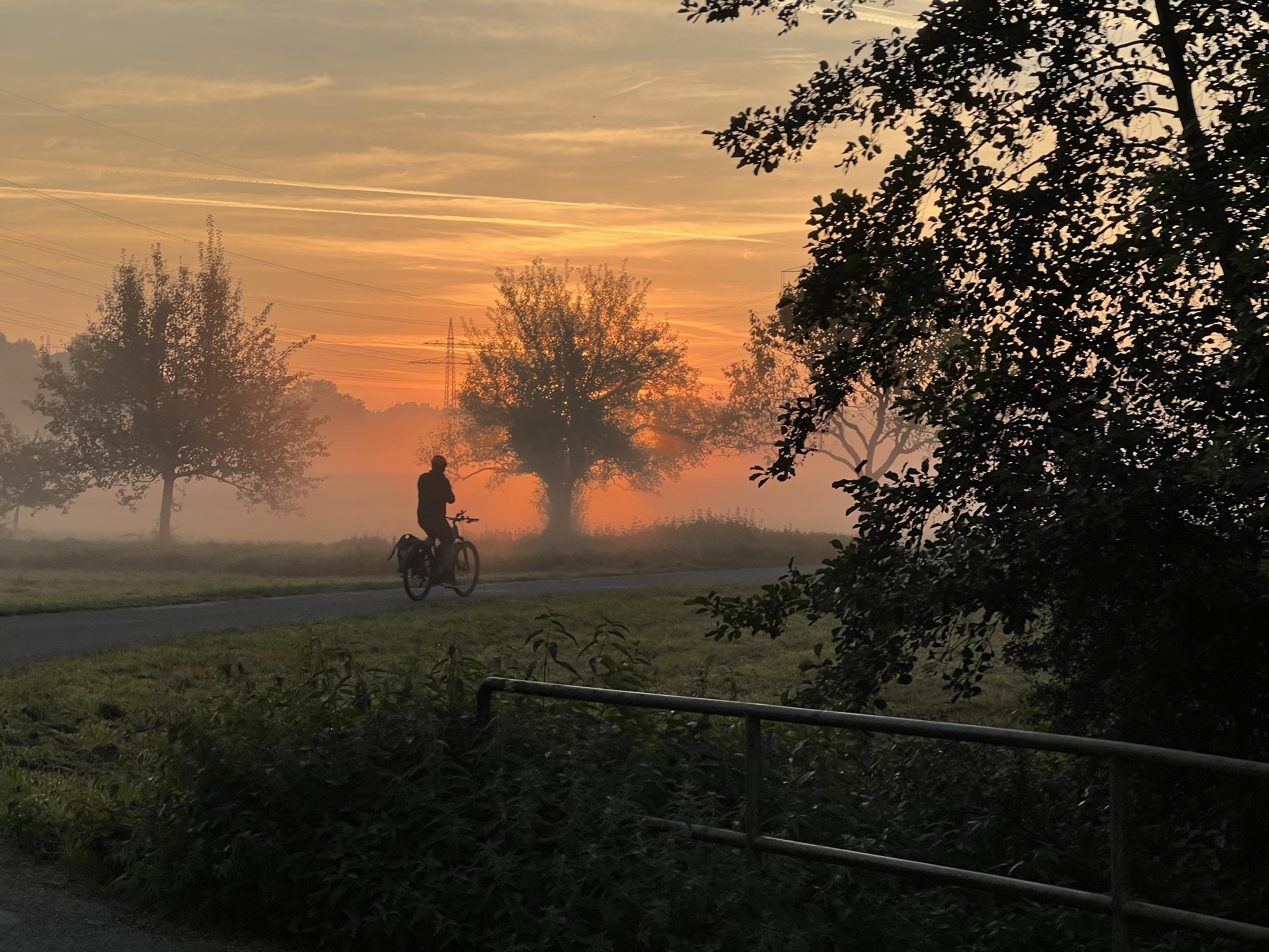 Ein Radfahrer fährt im Zwielicht der Morgendämmerung einen asphaltierten Feldweg. Bodennebel wird von der aufgehenden Sonne in orangenes Licht getaucht. Schemenhaft sind die Silhouetten von ein paar Apfelbäumen zu sehen