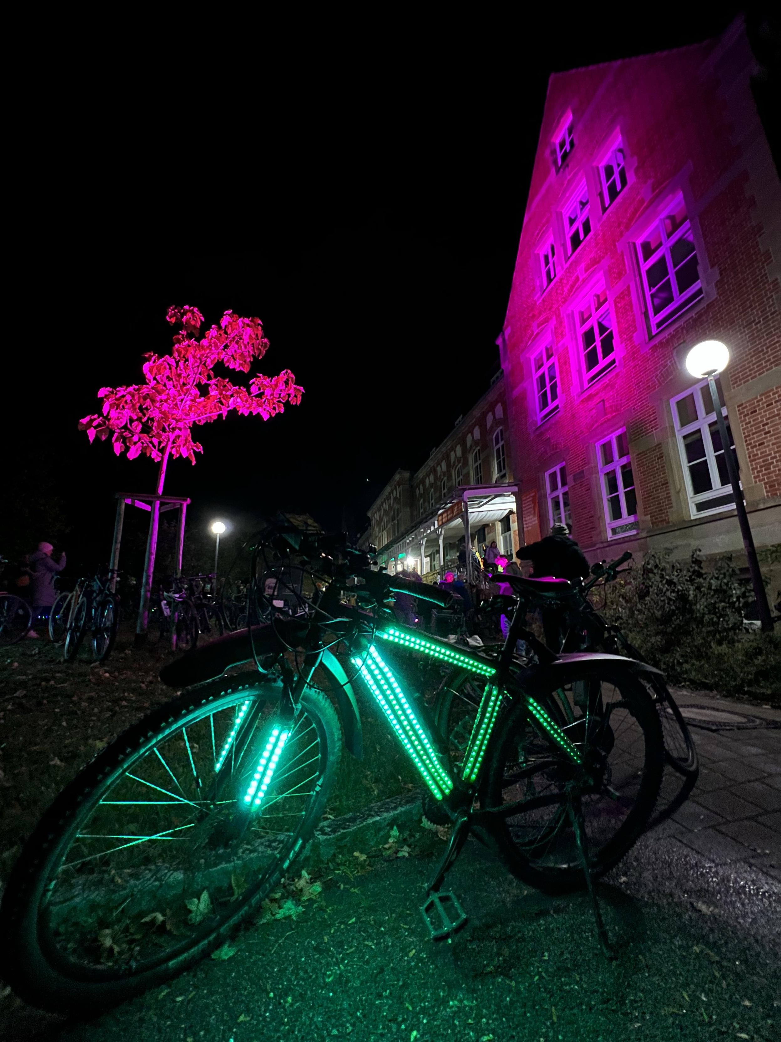 Nacht, ein abgestelltes Fahrrad, das an Rahmen und Gabel mit grün leuchtenden LED Streifen versehen ist. Dahinter heben sich ein pink angestrahlter Baum und ein pink angestrahltes Gebäude gegen den Nachthimmel ab