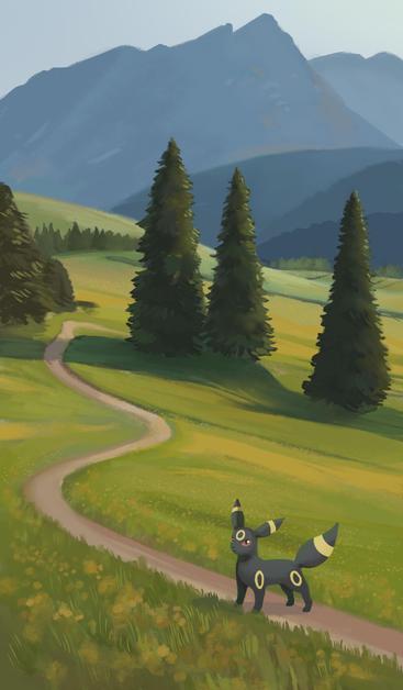 umreon stands on a country road and looks at us. behind him is a field, several fir trees, mountains are visible in the distance