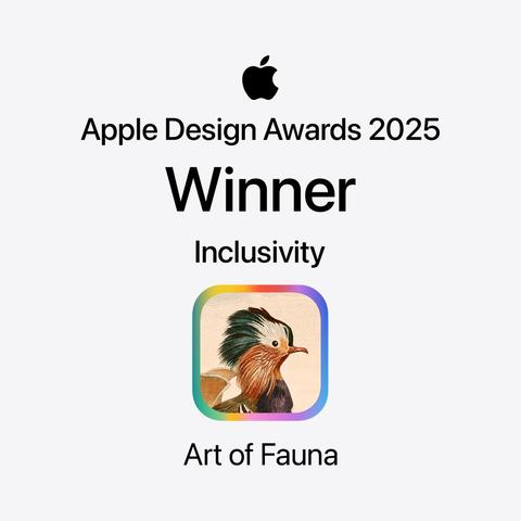 Promo graphic showing the "The Art of Fauna" app icon in the center, encircled by a colorful gradient. Above it is the Apple logo and the text "Apple Design Awards 2025, Winner, Inclusivity". Below is the text "Art of Fauna".