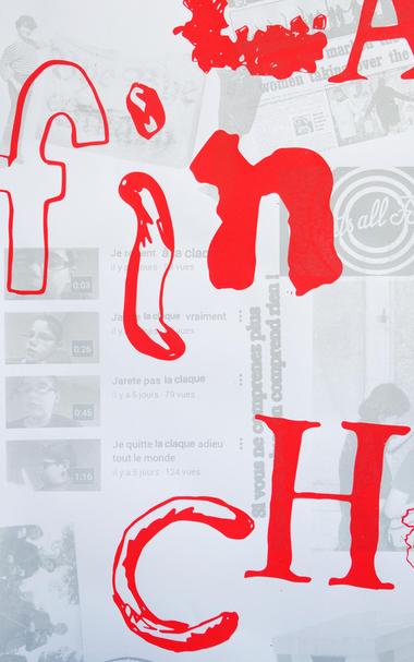 Détail de l'affiche. On devine sous la couche typo la couche d'images glanées par les membres du collectif, comme par exemple l'excellent meme "je reviens à la claque, j'arrête la claque vraiment, j'arrête pas la claque, je quitte la claque adieu tout le monde". Mdr.